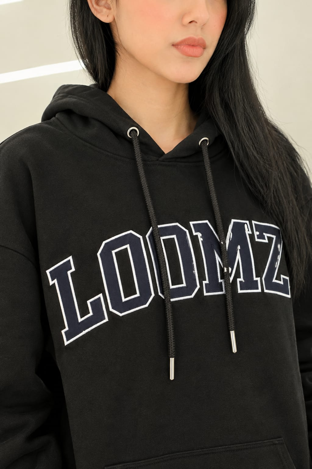 Unisex Black Cotton Fleece Hoodie with LOOMZ Varsity Print