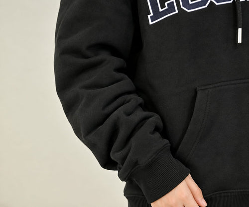 Unisex Black Cotton Fleece Hoodie with LOOMZ Varsity Print