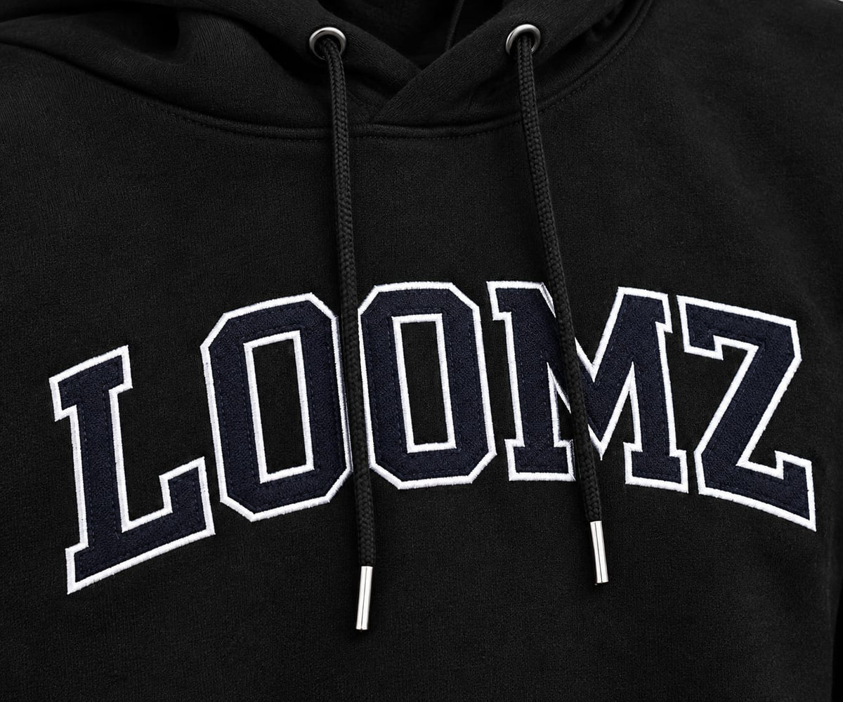 Unisex Black Cotton Fleece Hoodie with LOOMZ Varsity Print